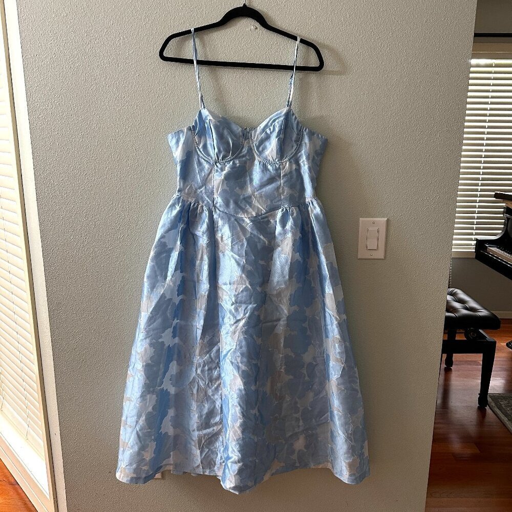 NWT Lulus Destiny Light Blue Burnout Jacquare Bustier Midi Dress XL Satin